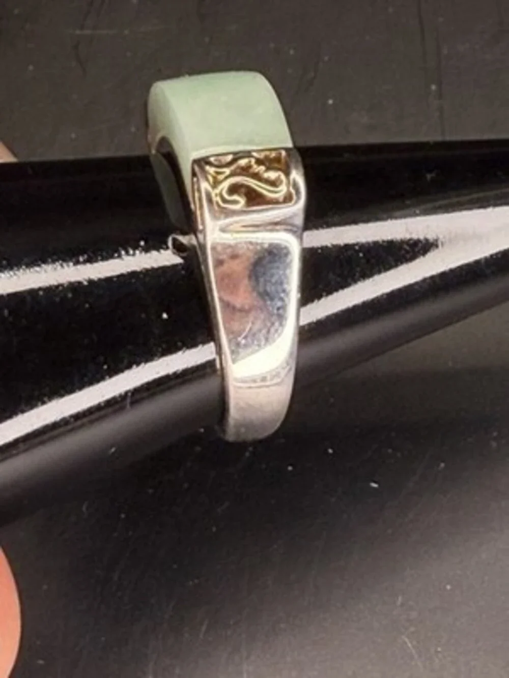 Designer Signed 925 Sterling Silver 14K Gold Green Jade Ring Size 8